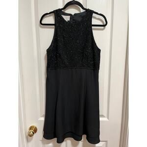 Vintage Cache Black Silk Beaded Cocktail Formal Dress 12 Fit and Flare Modest